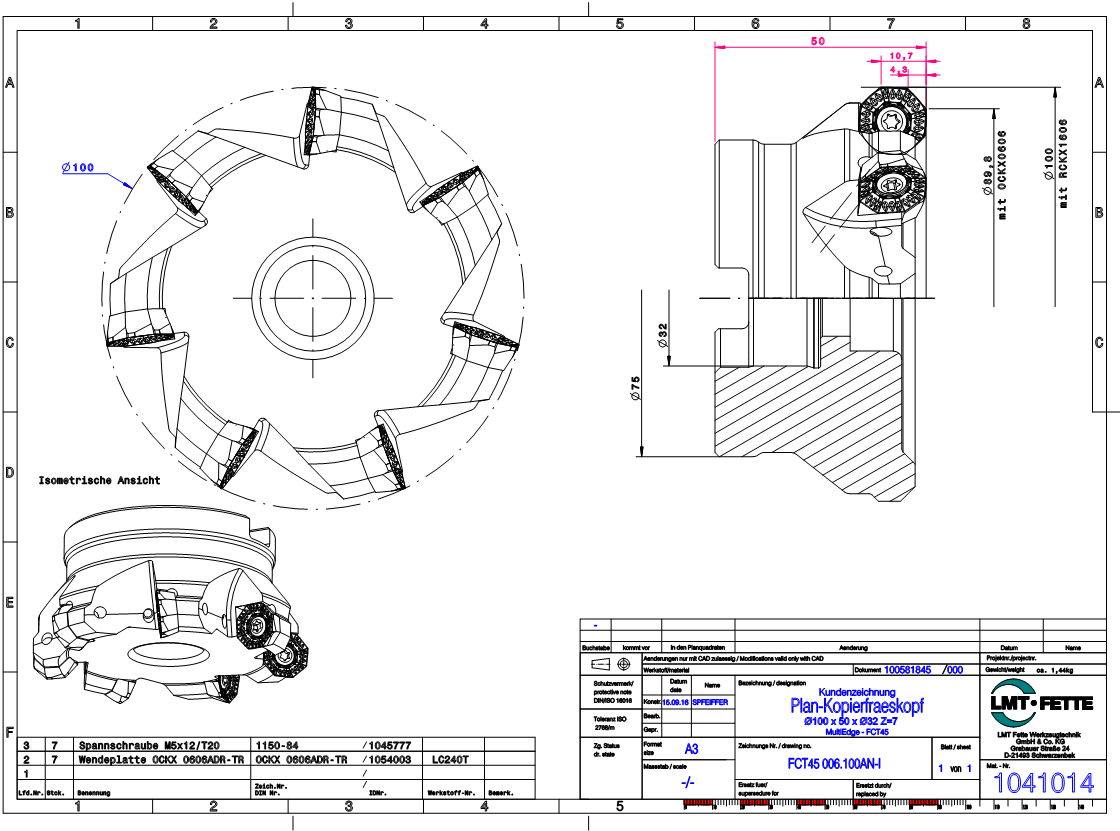 FCT45 O06.100AN Kopierfräskopf LMT Fette